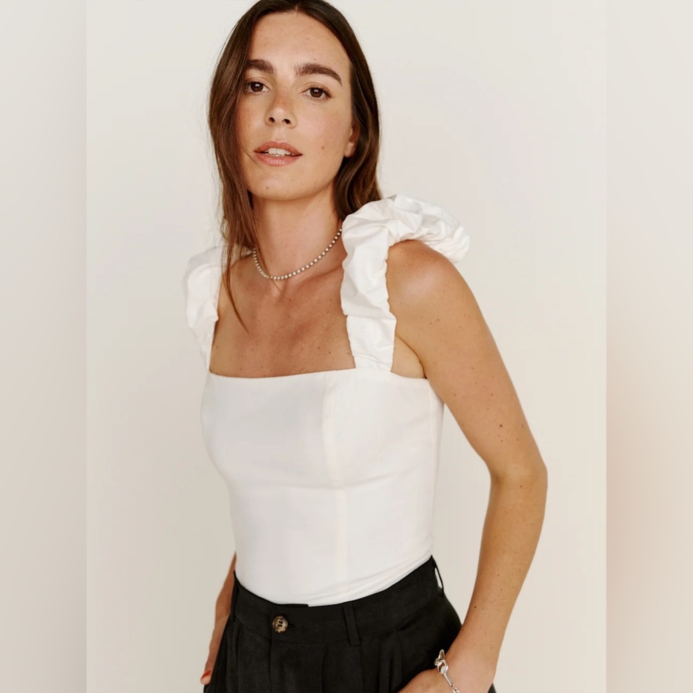 Reformation White Ruffle-Strap Square Neck Tank